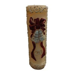 Vtg Treasure Masters Bells Ribbon Rings Cream Silver Maroon Wedding Candle 10x3"